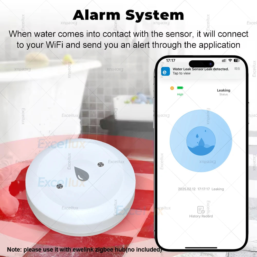 Ewelink Zigbee 3.0 Water Sensor Alarm Water Flood Leak Detector Remote Monitoring Overflow Security Alarm System Support ZHA Z2M